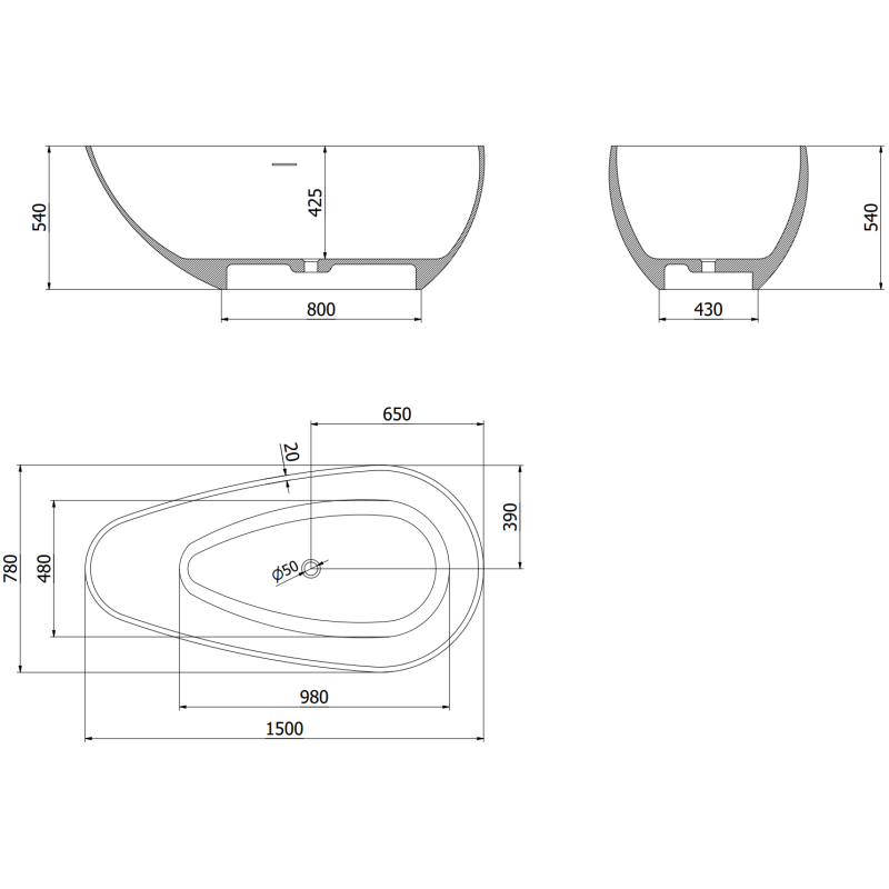 Mexen Palermo baignoire îlot en conglomérat 150 x 78 cm, blanc mat - 57211507800