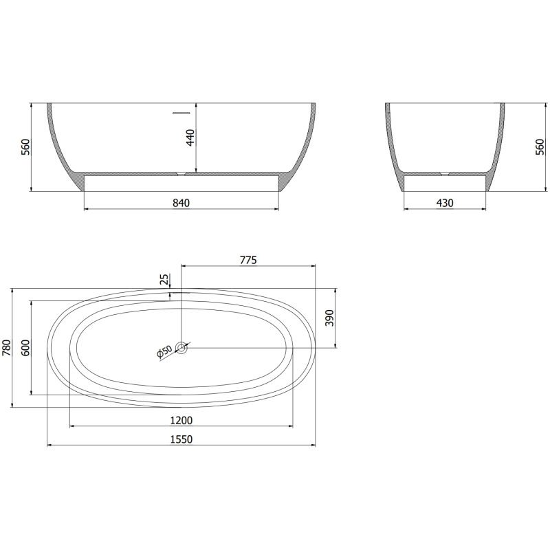 Mexen Torino baignoire autoportante en conglomérat 155 x 78 cm, blanc brillant - 57271557810