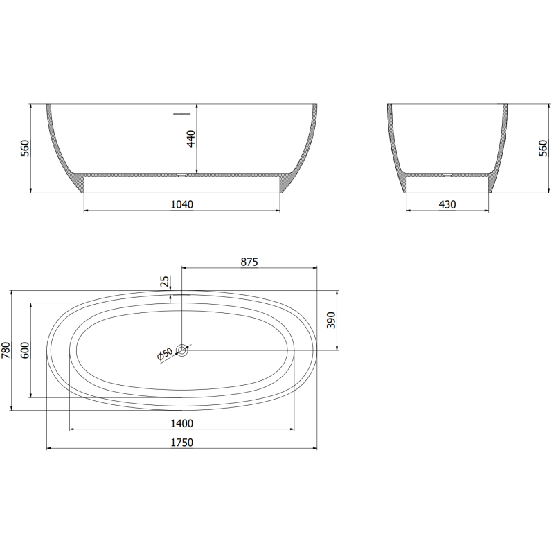 Mexen Torino baignoire autoportante en conglomérat 175 x 78 cm, blanc brillant - 57271757810