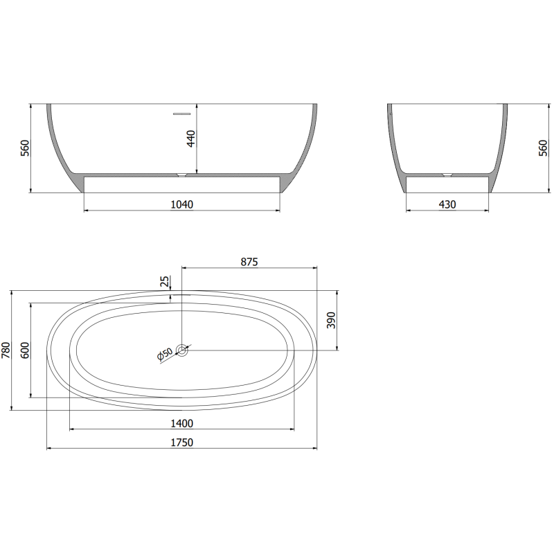Mexen Torino baignoire autoportante en conglomérat 175 x 78 cm, blanc mat - 57271757800