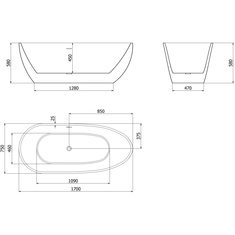 Mexen Eos baignoire autoportante 170 x 75 cm, blanche, trop-plein gris fusil brossé - 52471707500-66