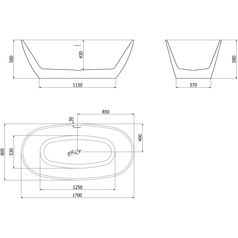 Mexen Eris baignoire autoportante 170 x 80 cm, blanche, trop-plein nickel brossé - 53441708000-97