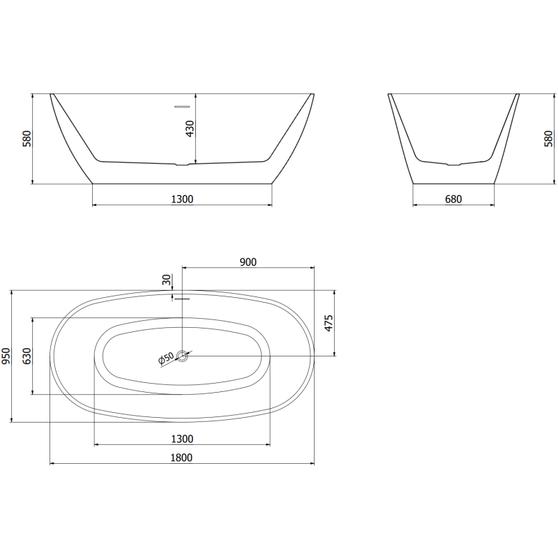 Mexen Eris baignoire autoportante 180 x 95 cm, blanche/noire, trop-plein or brossé - 53441809575-55