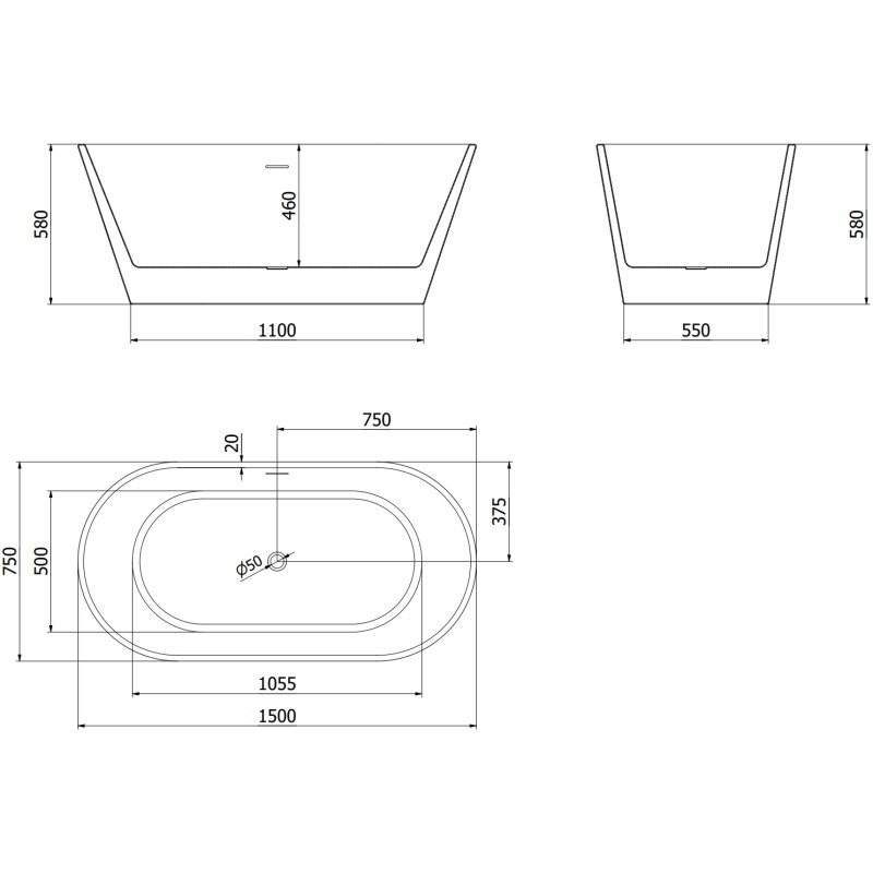 Mexen Flavia baignoire autoportante 150 x 75 cm, blanc/noir, trop-plein or rose - 54031507575-60