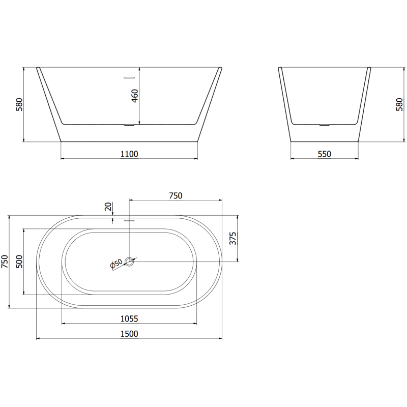 Mexen Flavia baignoire autoportante 150 x 75 cm, blanc/noir, trop-plein chromé - 54031507575-01