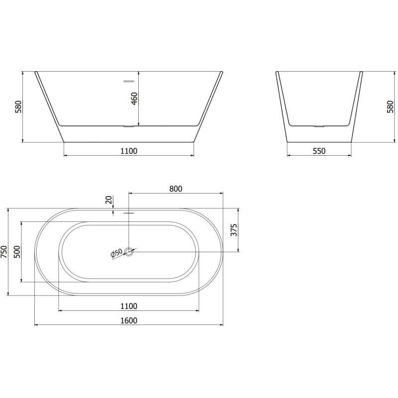 Mexen Flavia baignoire autoportante 160 x 75 cm, blanc/noir, trop-plein noir - 54031608075-70