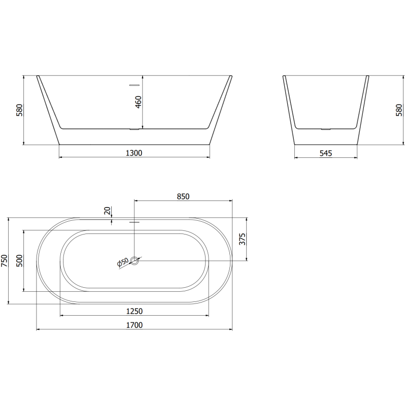 Mexen Flavia baignoire autoportante 170 x 75 cm, blanc/noir, trop-plein chromé - 54031708075-01