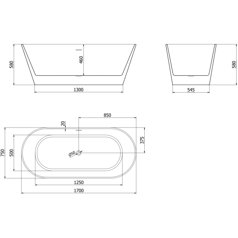 Mexen Flavia baignoire autoportante 170 x 75 cm, blanc/noir, trop-plein blanc - 54031708075-20