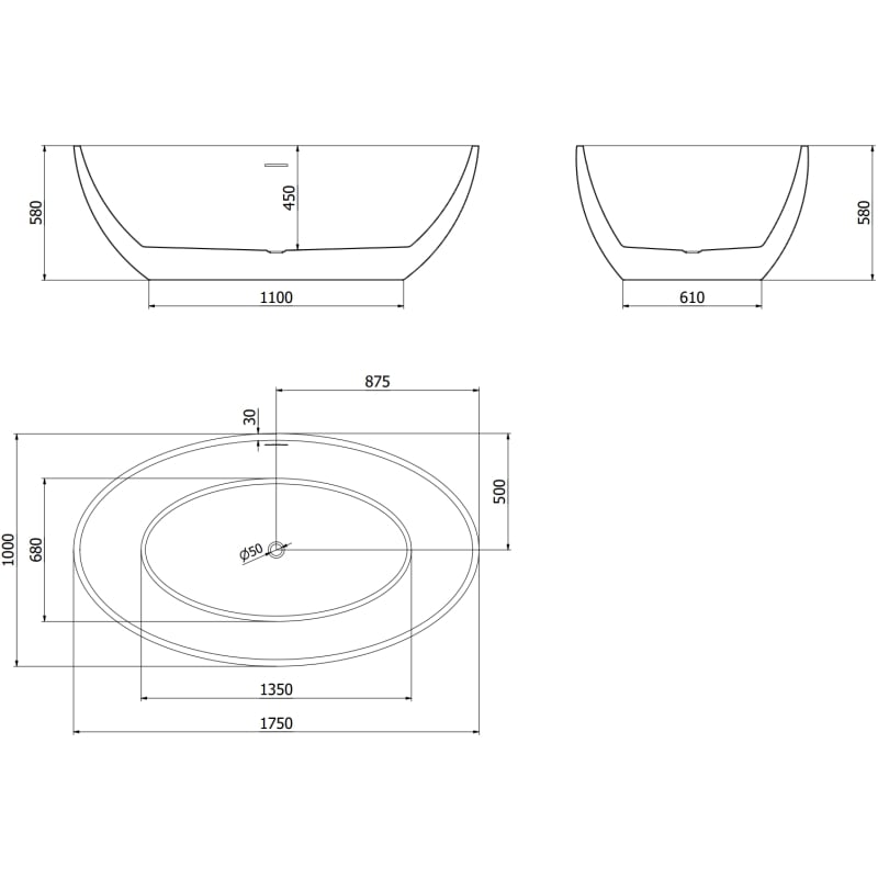Mexen Nike baignoire autoportante 175 x 100 cm, blanche, trop-plein en nickel brossé - 54071751000-97