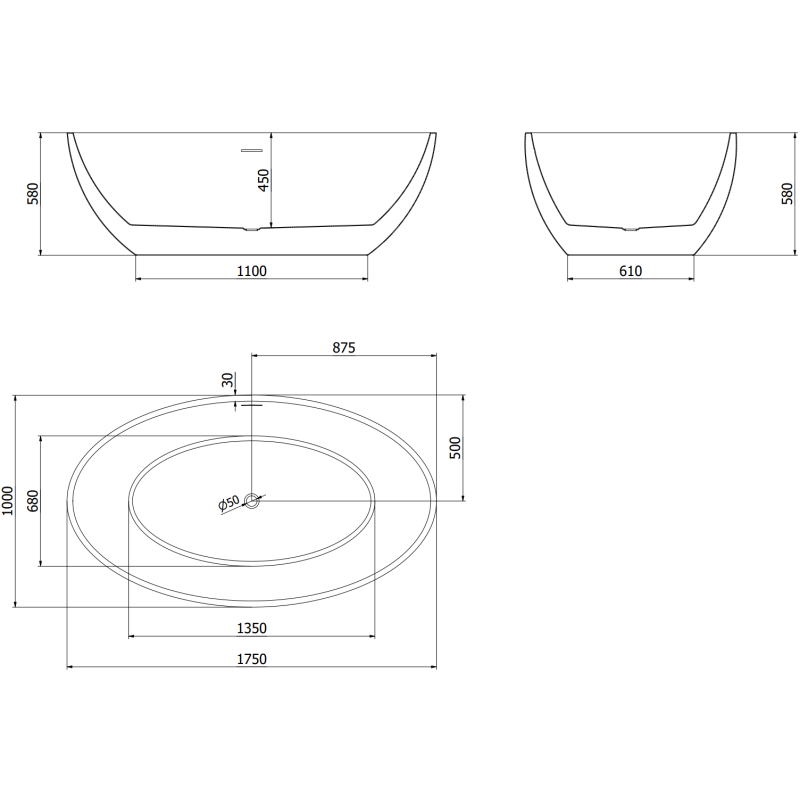 Mexen Nike baignoire autoportante 175 x 100 cm, blanche, trop-plein doré - 54071751000-50