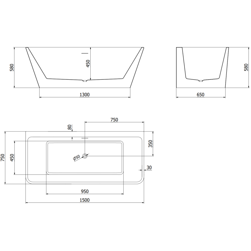 Mexen Volta baignoire autoportante murale 150 x 75 cm, blanche, trop-plein doré brossé - 51131507500-55