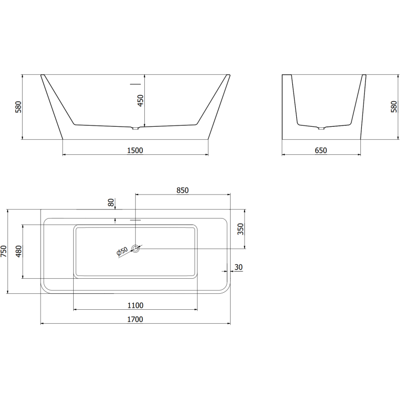 Mexen Volta baignoire autoportante adossée 170 x 75 cm, blanche, trop-plein doré brossé - 51131707500-55