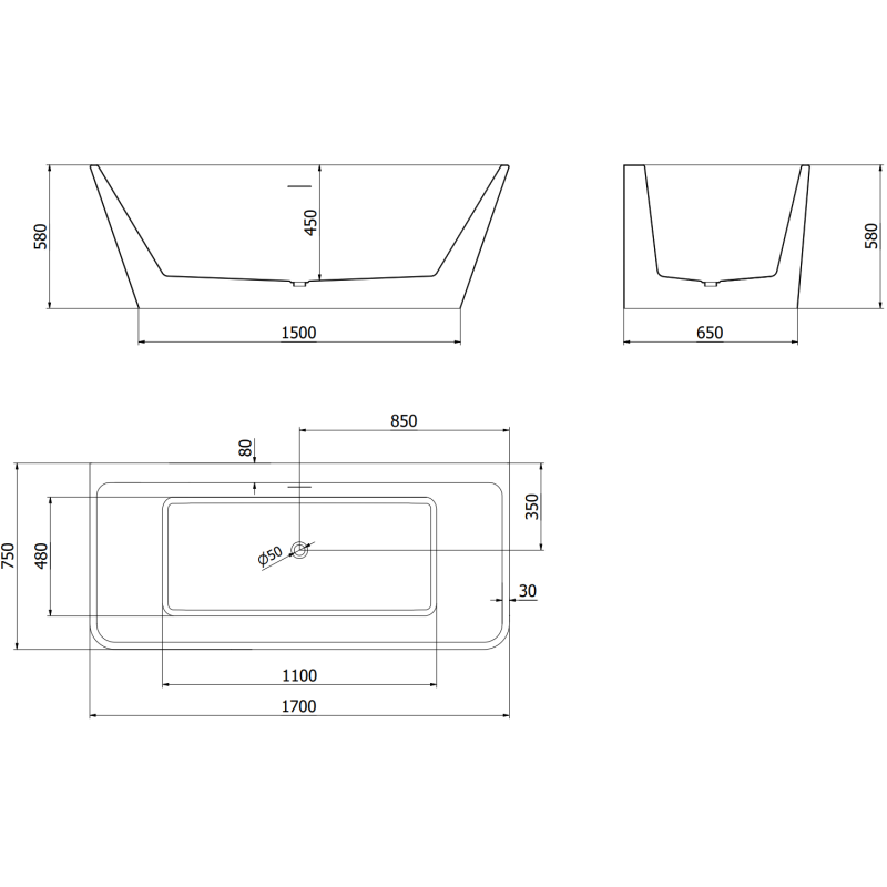 Mexen Volta baignoire autoportante murale 170 x 75 cm, blanche, trop-plein or rose - 51131707500-60