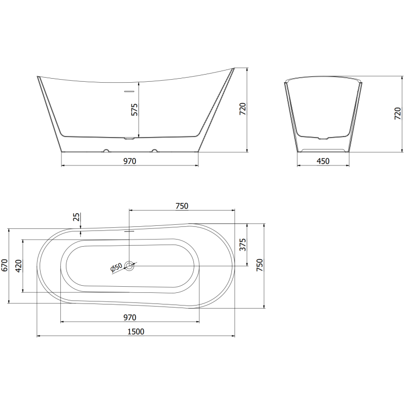Mexen Dora baignoire autoportante 150 x 75 cm, blanche, trop-plein blanc - 52071507500-20