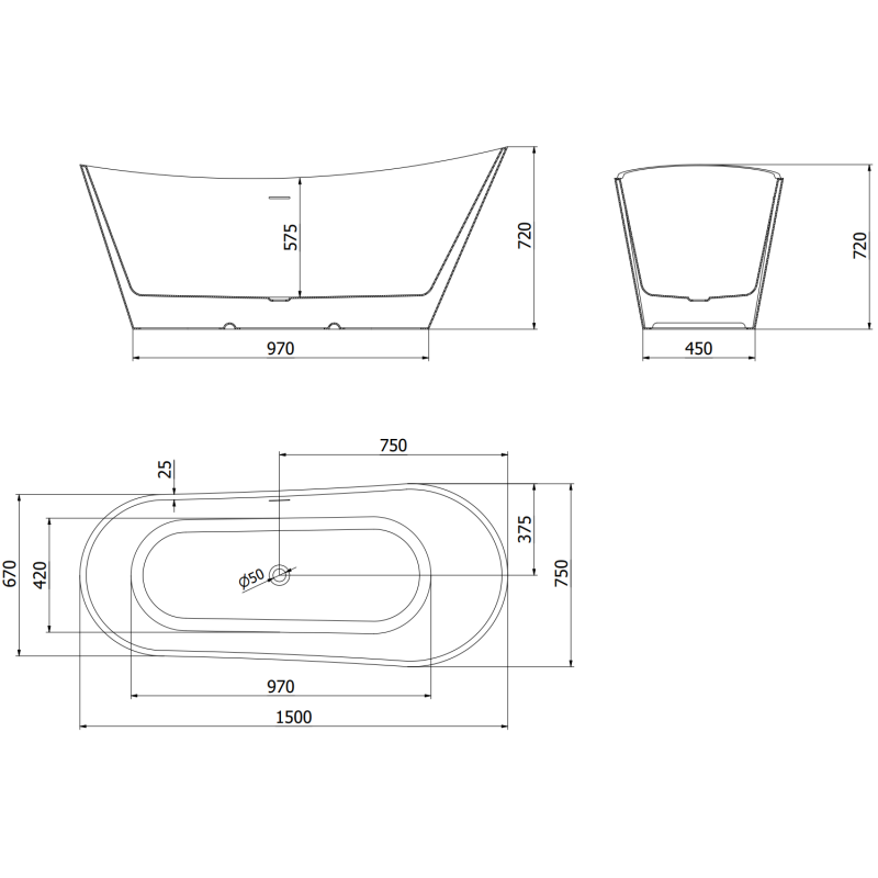 Mexen Dora baignoire autoportante 150 x 75 cm, blanc/noir, trop-plein nickel brossé - 52071507575-97