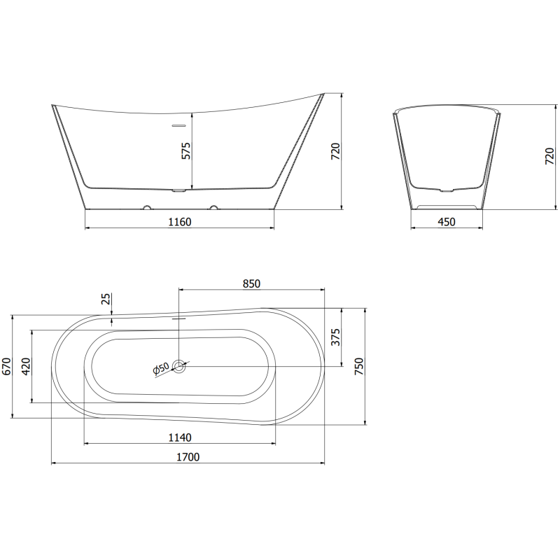 Mexen Dora baignoire autoportante 170 x 75 cm, blanche, trop-plein chromé - 52071707500-01
