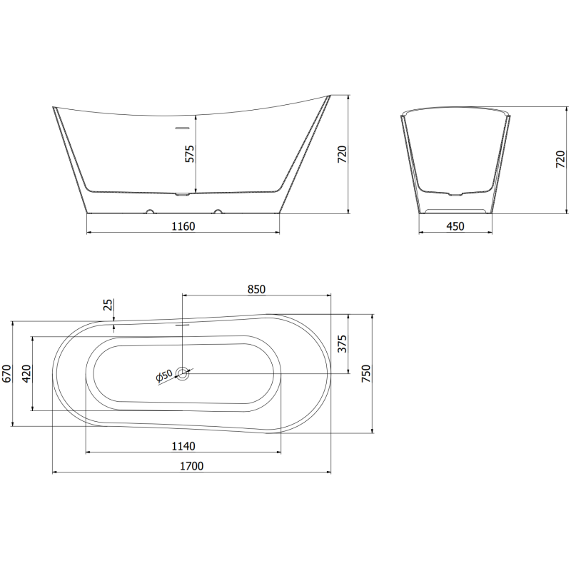 Mexen Dora baignoire autoportante 170 x 75 cm, blanche, trop-plein nickel brossé - 52071707500-97