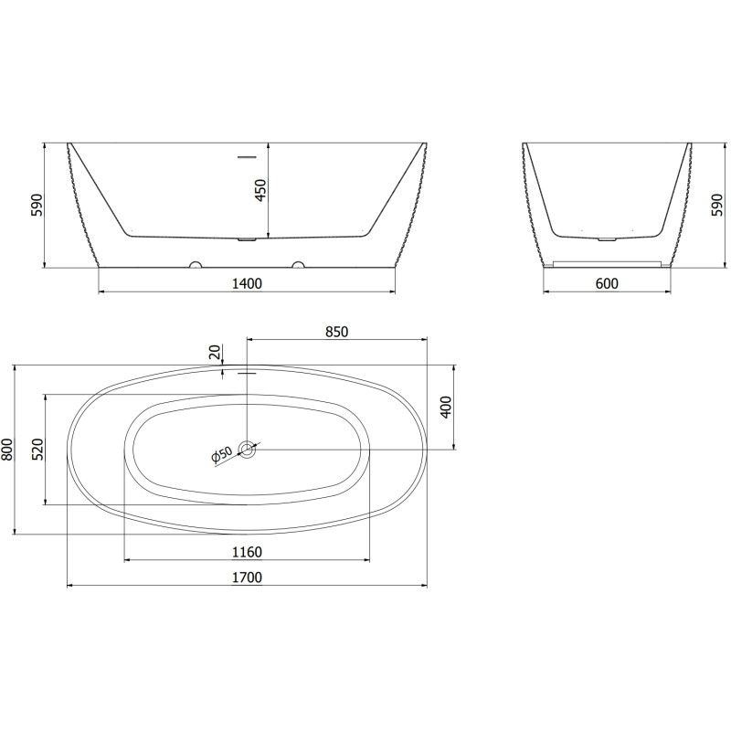 Mexen Lira baignoire autoportante modèle 170 x 80 cm, blanc/noir, trop-plein cuivre brossé - 52831708075-65