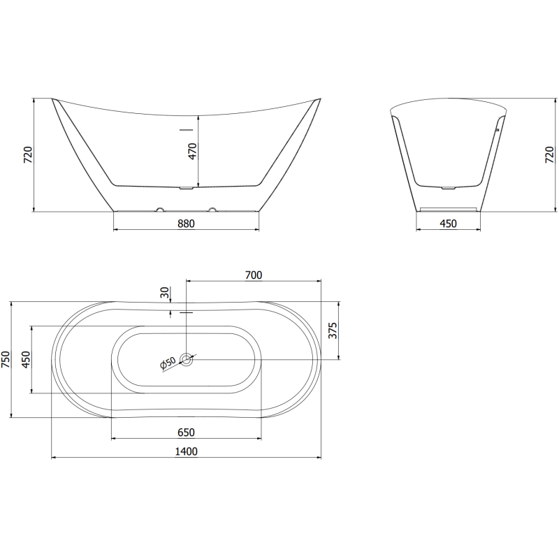 Mexen Lotos baignoire autoportante 140 x 75 cm, blanche, trop-plein doré - 52051407700-50