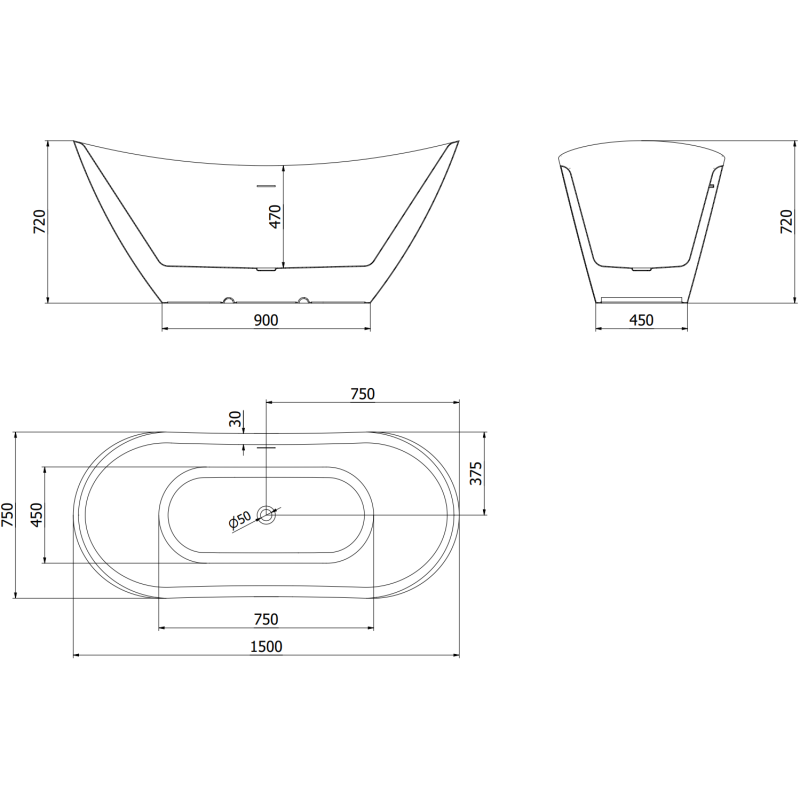 Mexen Lotos baignoire autoportante 150 x 75 cm, blanche, trop-plein blanc - 52051507700-20