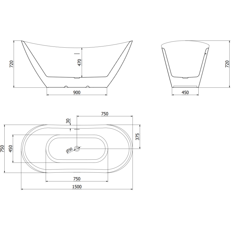 Mexen Lotos baignoire autoportante 150 x 75 cm, blanche, trop-plein gun metal - 52051507700-95