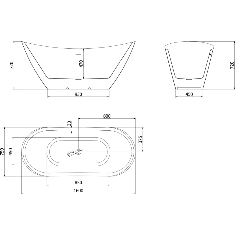 Mexen Lotos baignoire autoportante 160 x 75 cm, blanche, trop-plein or brossé - 52051607700-55