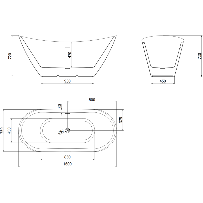Mexen Lotos baignoire autoportante 160 x 75 cm, blanche, trop-plein nickel brossé - 52051607700-97