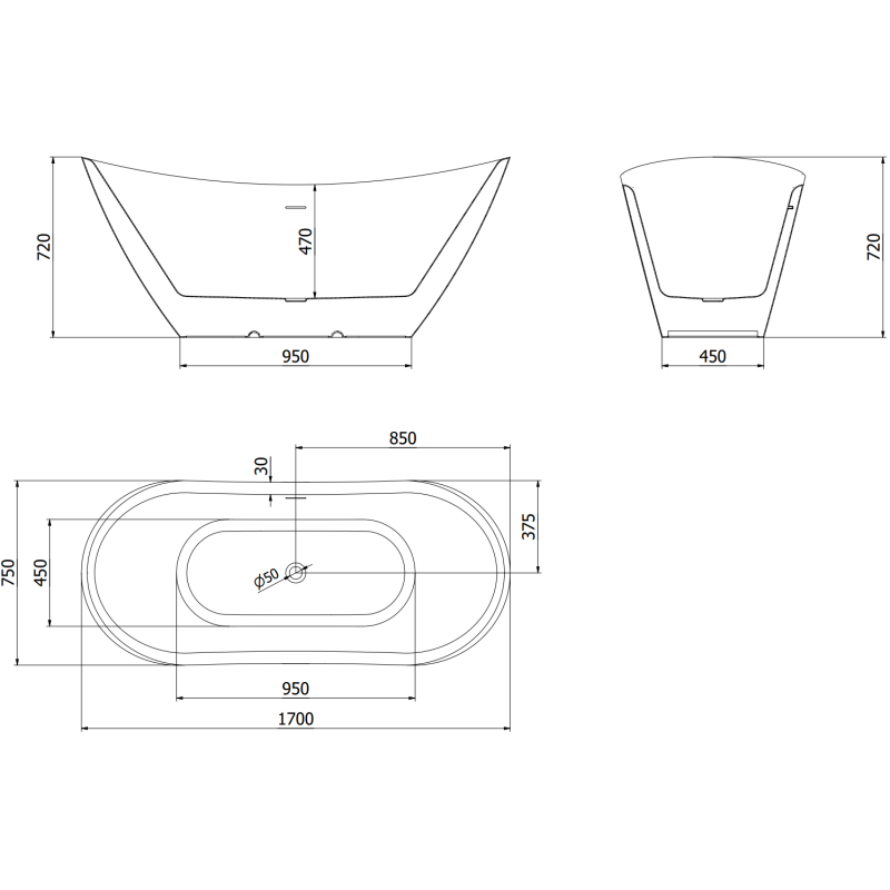 Mexen Lotos baignoire autoportante 170 x 75 cm, blanc/noir, trop-plein doré - 52051707775-50
