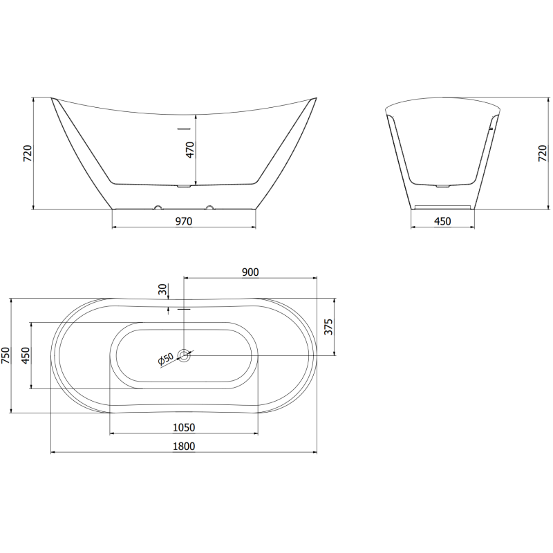 Mexen Lotos baignoire autoportante 180 x 75 cm, blanche, trop-plein nickel brossé - 52051807700-97