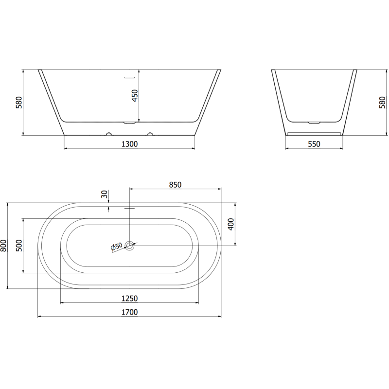 Mexen Luna baignoire autoportante 170 x 80 cm, blanche, trop-plein gris canon brossé - 52031708000-66