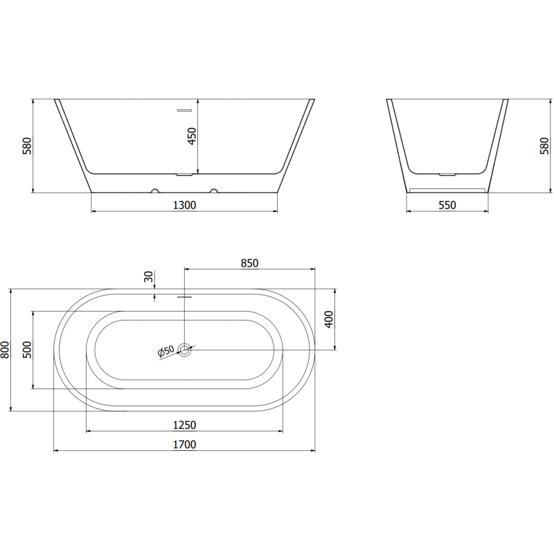 Mexen Luna baignoire autoportante 170 x 80 cm, blanche, trop-plein gun metal - 52031708000-95