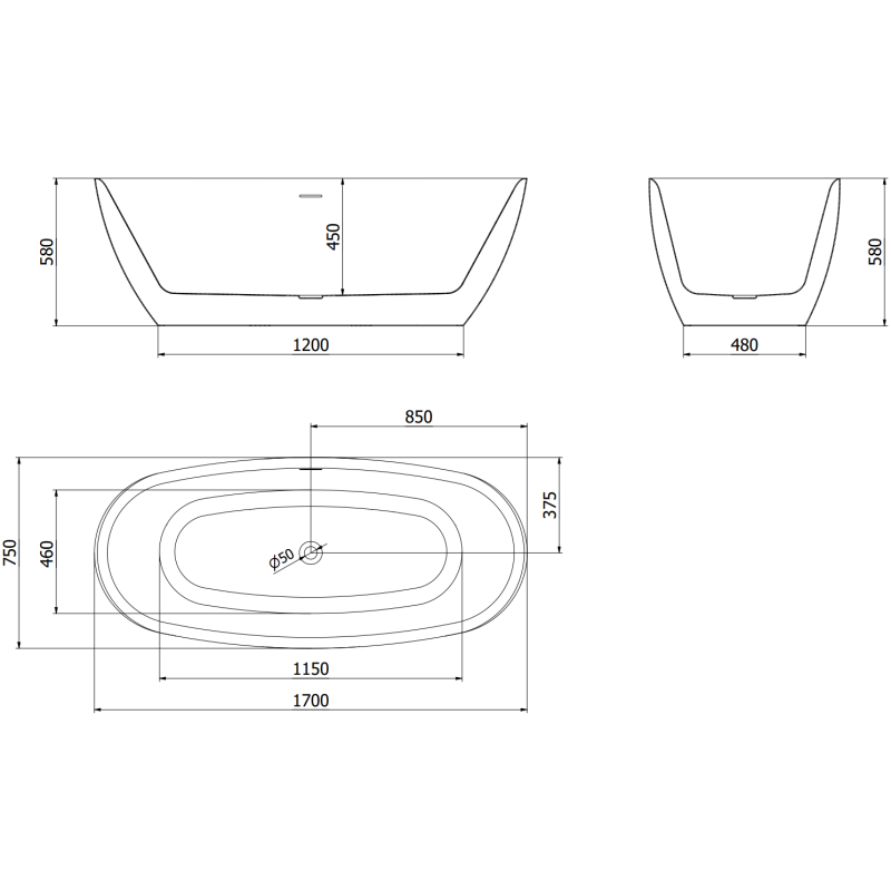 Mexen Luvo Slim baignoire autoportante 170 x 75 cm, blanc/noir, trop-plein cuivre brossé - 52801707575-65