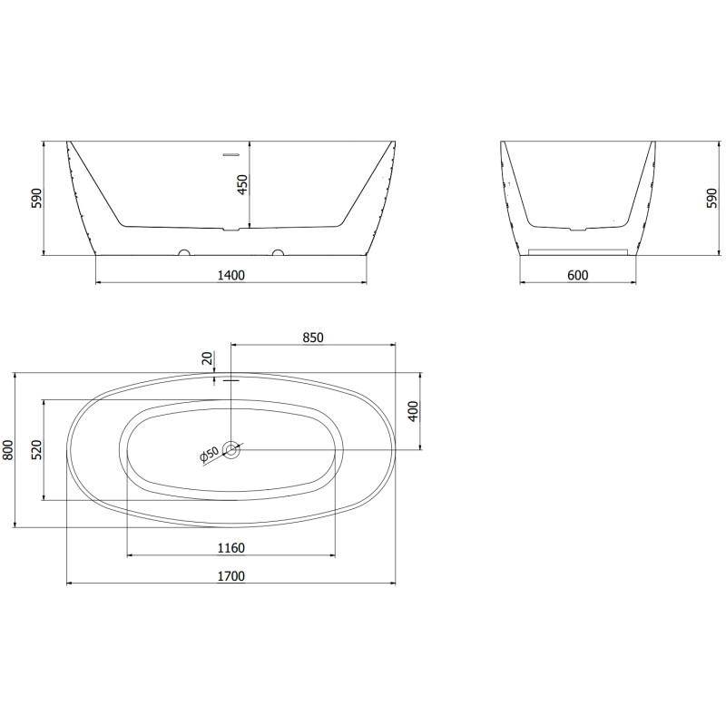 Mexen Olea baignoire autoportante motif 170 x 80 cm, blanc, trop-plein nickel brossé - 52821708000-97