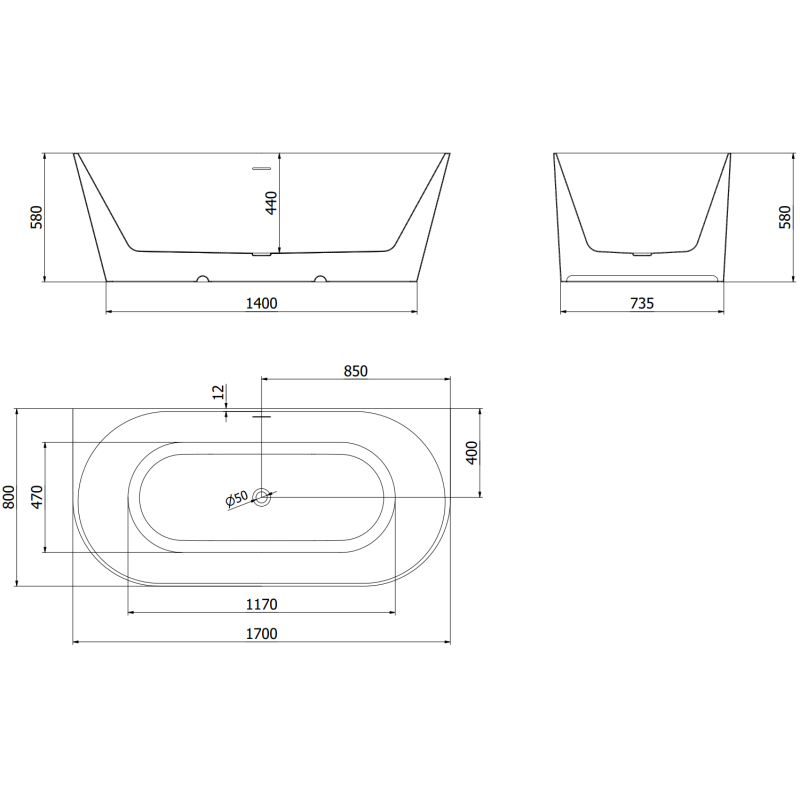 Mexen Oval Slim baignoire autoportante adossée 170 x 80 cm, blanche, trop-plein chromé - 52661708000-01