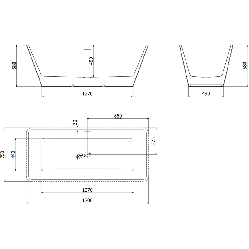 Mexen Tava baignoire autoportante rainurée 170 x 75 cm, blanche, trop-plein gun metal - 52851707500-95