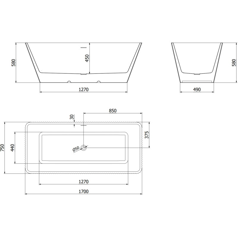 Mexen Tava baignoire autoportante rainurée 170 x 75 cm, blanc/noir, trop-plein gris canon brossé - 52851707575-66