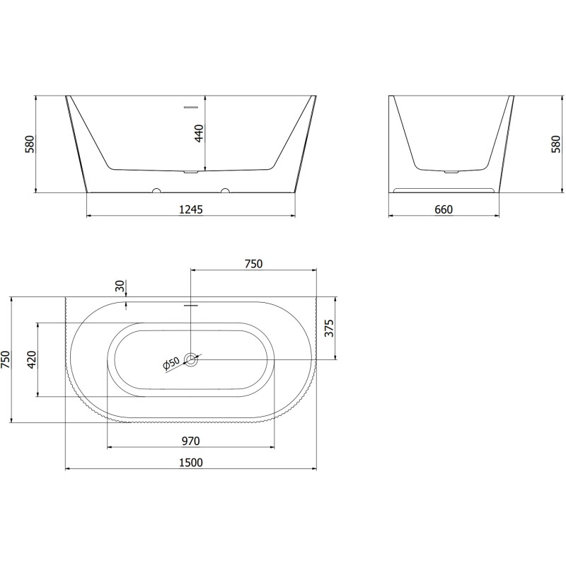Mexen Oris baignoire autoportante contre le mur rainurée 150 x 75 cm, blanche, trop-plein or rose - 52871507500-60