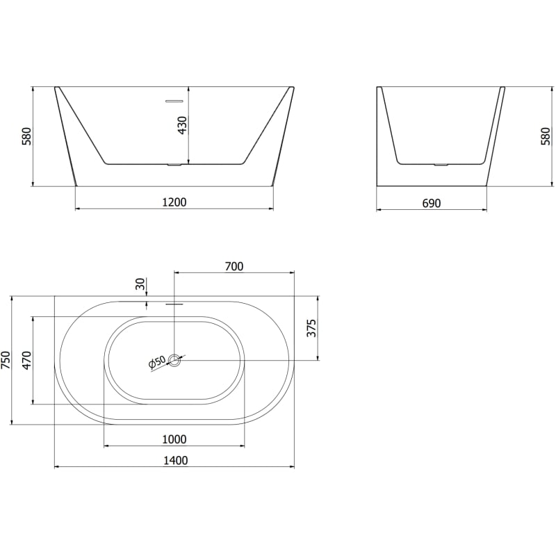 Mexen Oval baignoire autoportante adossée 140 x 75 cm, blanc/noir, trop-plein doré - 52671407575-50