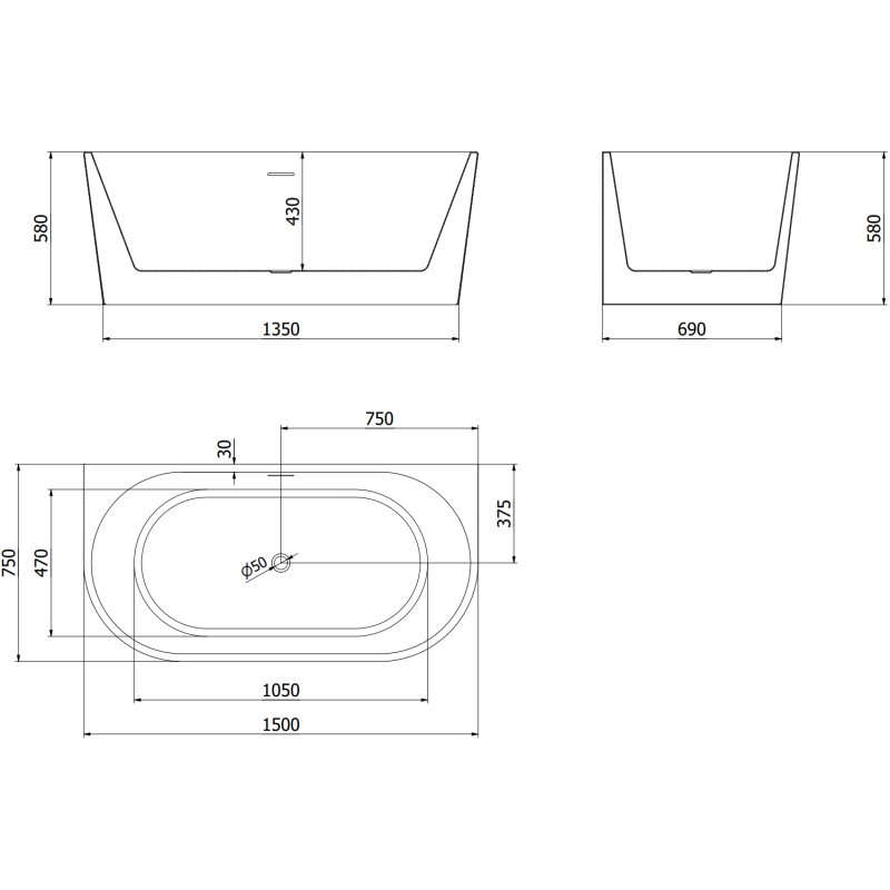 Mexen Oval baignoire autoportante adossée 150 x 75 cm, blanche, trop-plein chromé - 52671507500-01