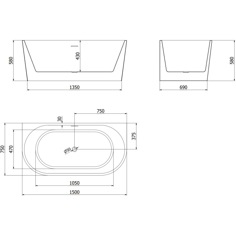 Mexen Oval baignoire autoportante adossée 150 x 75 cm, blanche, trop-plein doré - 52671507500-50