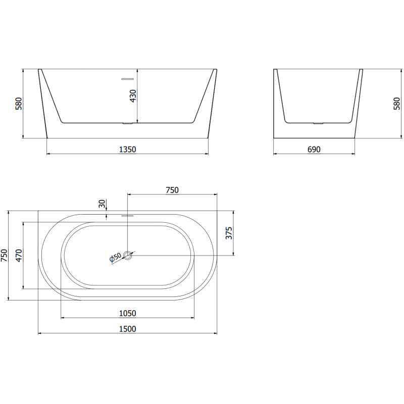 Mexen Oval baignoire autoportante adossée 150 x 75 cm, blanche, trop-plein nickel brossé - 52671507500-97