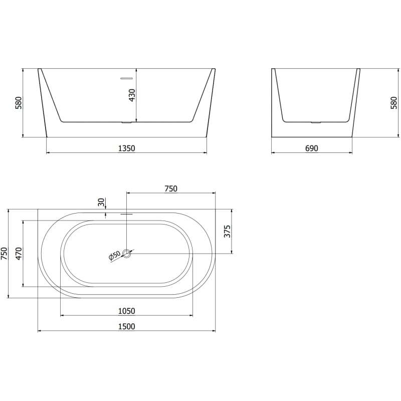 Mexen Oval baignoire autoportante adossée 150 x 75 cm, blanc/noir, trop-plein or brossé - 52671507575-55
