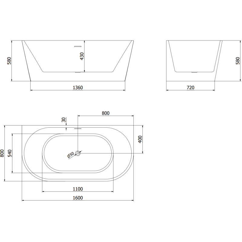 Mexen Oval baignoire autoportante adossée 160 x 80 cm, blanche, trop-plein chromé - 52671608000-01