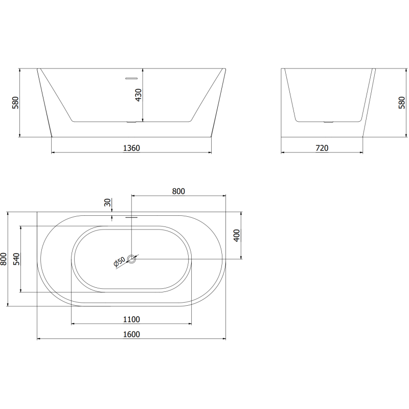 Mexen Oval baignoire autoportante adossée 160 x 80 cm, blanche, trop-plein cuivre brossé - 52671608000-65