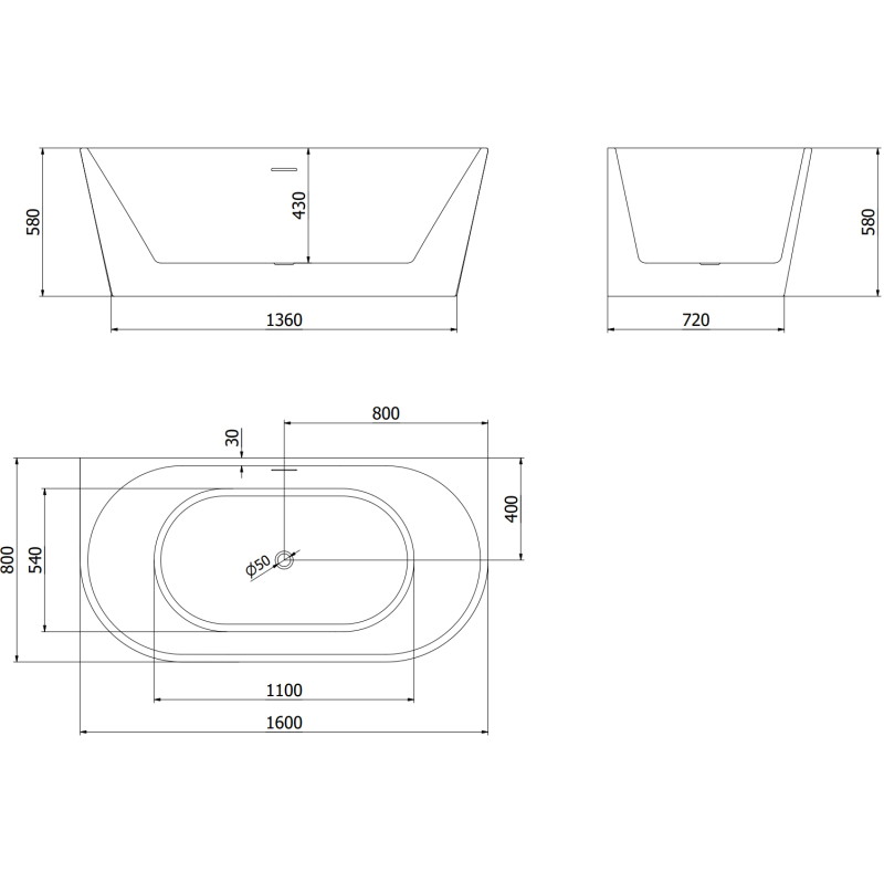 Mexen Oval baignoire autoportante adossée 160 x 80 cm, blanc/noir, trop-plein gun metal - 52671608075-95