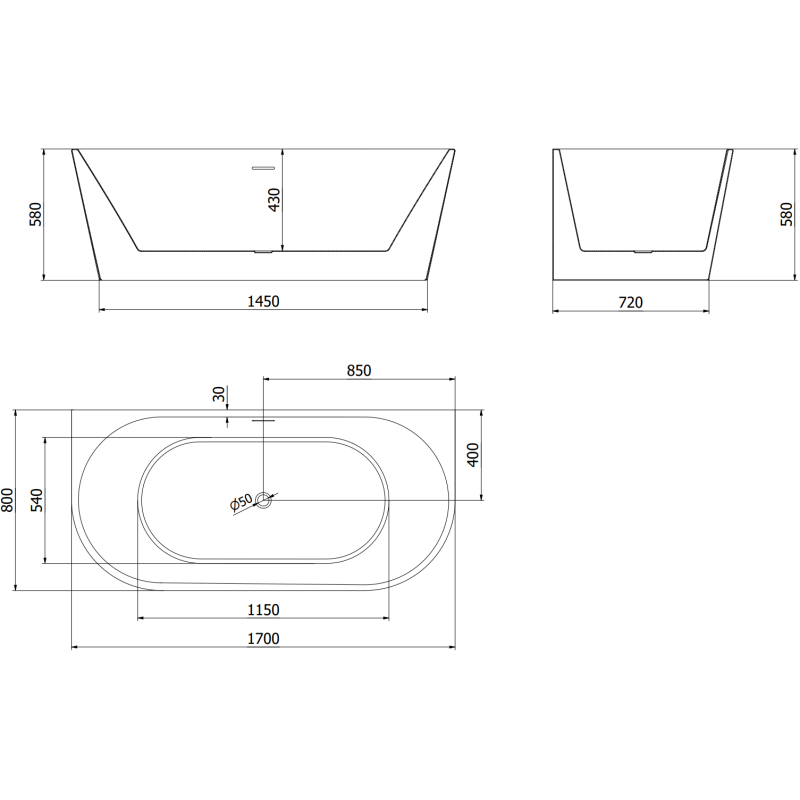 Mexen Oval baignoire autoportante murale 170 x 80 cm, blanche, trop-plein en cuivre brossé - 52671708000-65