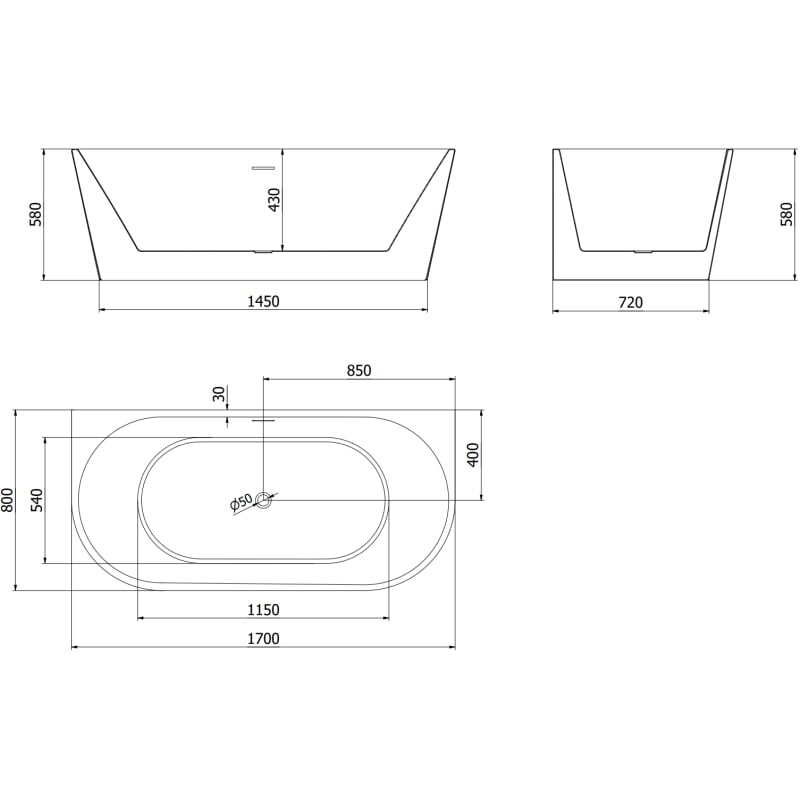 Mexen Oval baignoire autoportante adossée 170 x 80 cm, blanche/noire, trop-plein noir - 52671708075-70