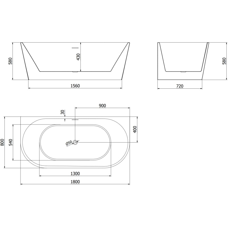Mexen Oval baignoire autoportante adossée 180 x 80 cm, blanche, trop-plein chromé - 52671808000-01