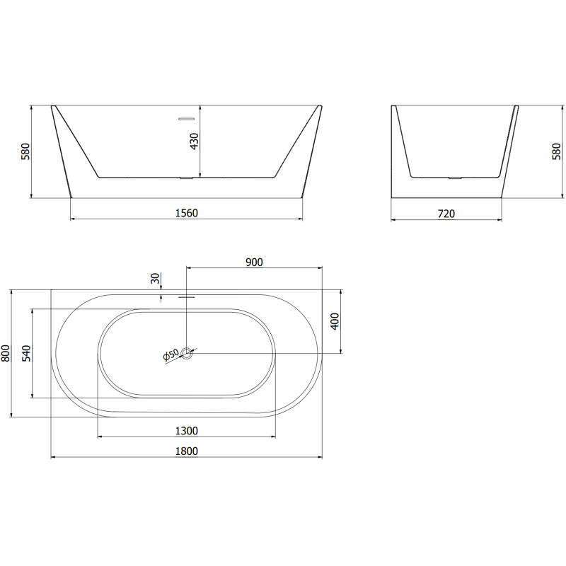 Mexen Oval baignoire autoportante adossée 180 x 80 cm, blanc/noir, trop-plein chromé - 52671808075-01