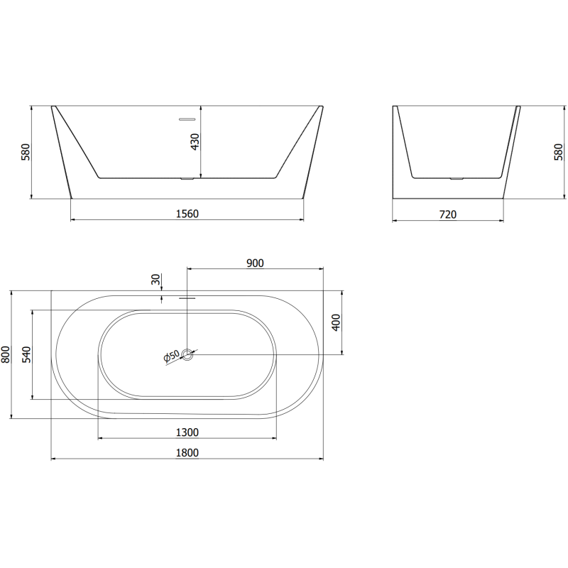 Mexen Oval baignoire autoportante adossée 180 x 80 cm, blanc/noir, trop-plein doré brossé - 52671808075-55